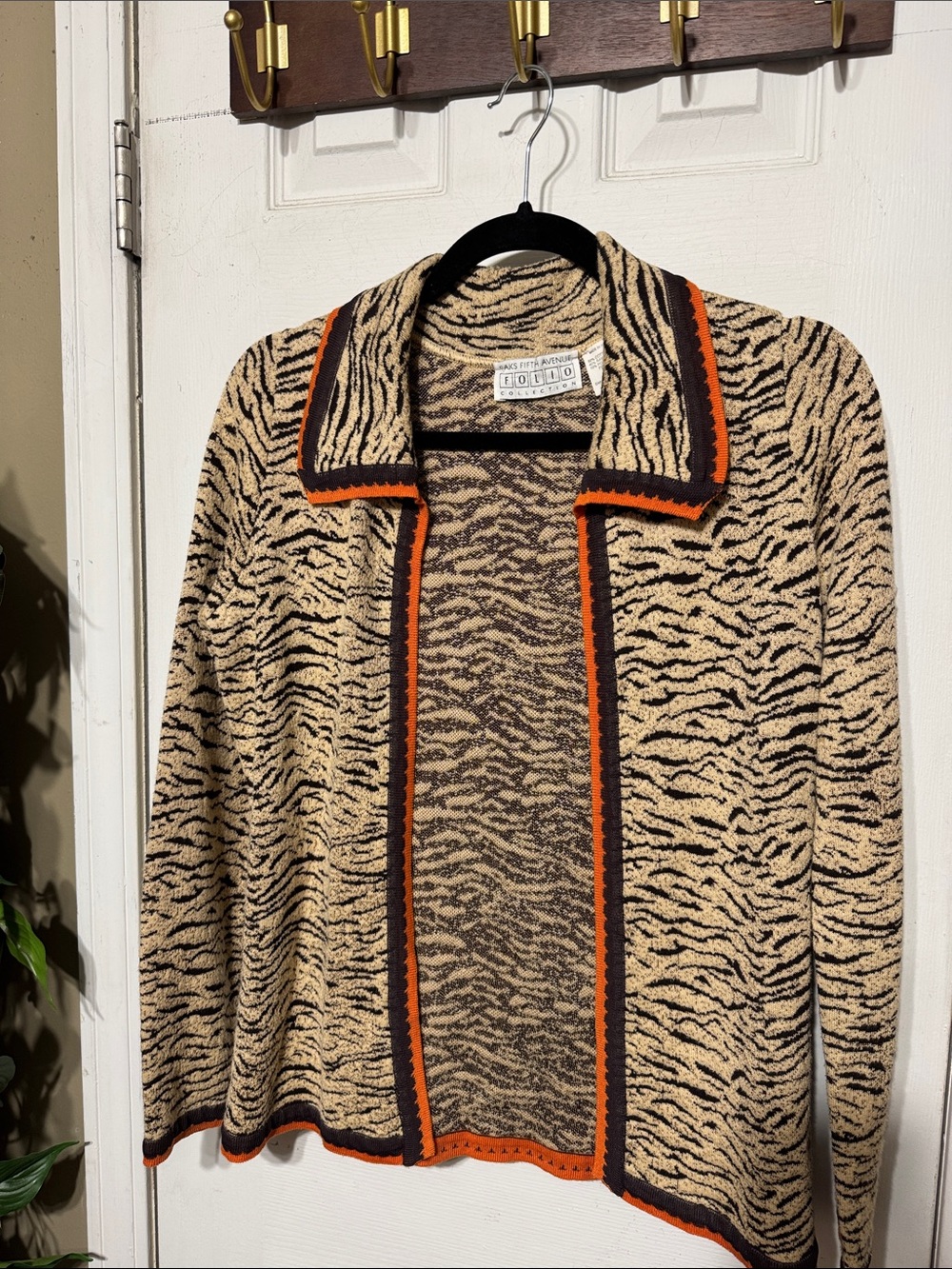 Saks Fifth Avenue Beige and Black Zebra-Print Open Cardigan with Orange Trim